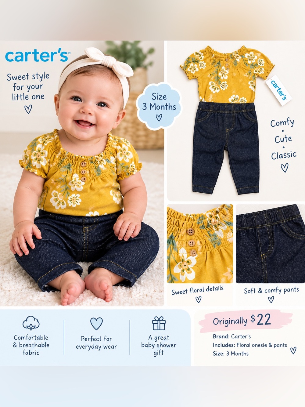 Carter's Mustard Floral Top with Navy Denim Pants